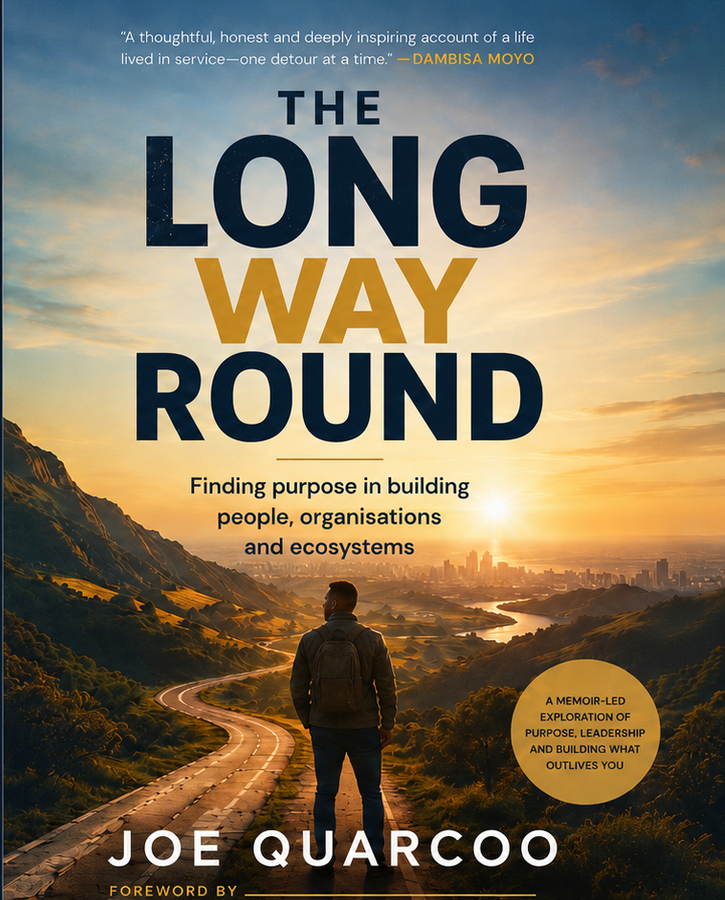 Front-cover concept for The Long Way Round by Joe Quarcoo, showing a traveller facing a winding road.