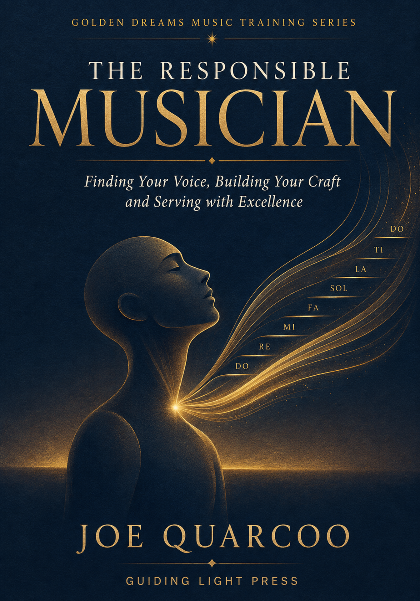 Front cover of The Responsible Musician by Joe Quarcoo, showing musical lines emerging from a singer’s voice.